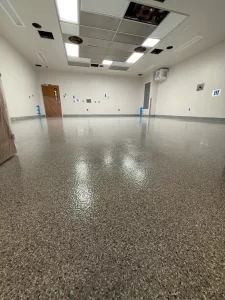Hospital flake flooring system with urethane cement and MMA seamless hygienic floor